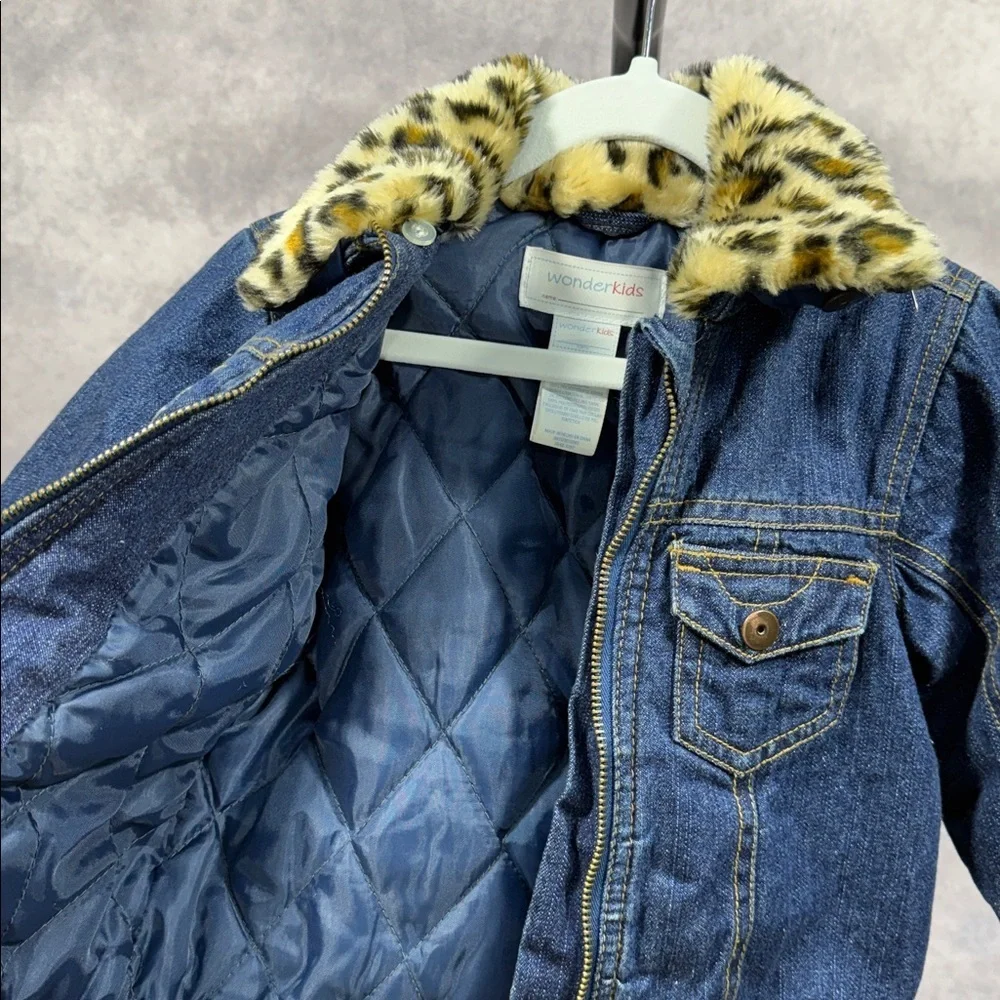 Wonderkids Girl’s Denim Jacket with Leopard Faux Fur Collar.